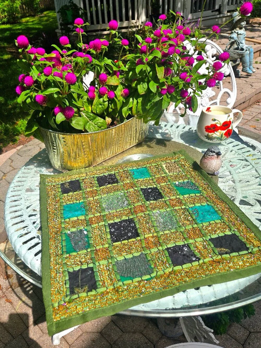 Vintage Pier 1 Imports Beaded Patchwork Placemat – Green & Gold Boho Table Decor